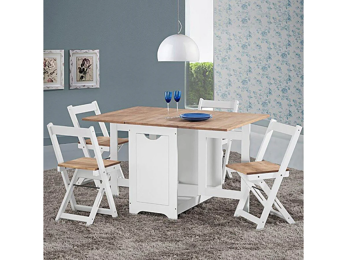 Ensemble table pliante avec rallonges coloris chêne et pieds en blancs + 4 chaises pliantes - Longueur 95 x Profondeur 34/115 x Hauteur 76 cm