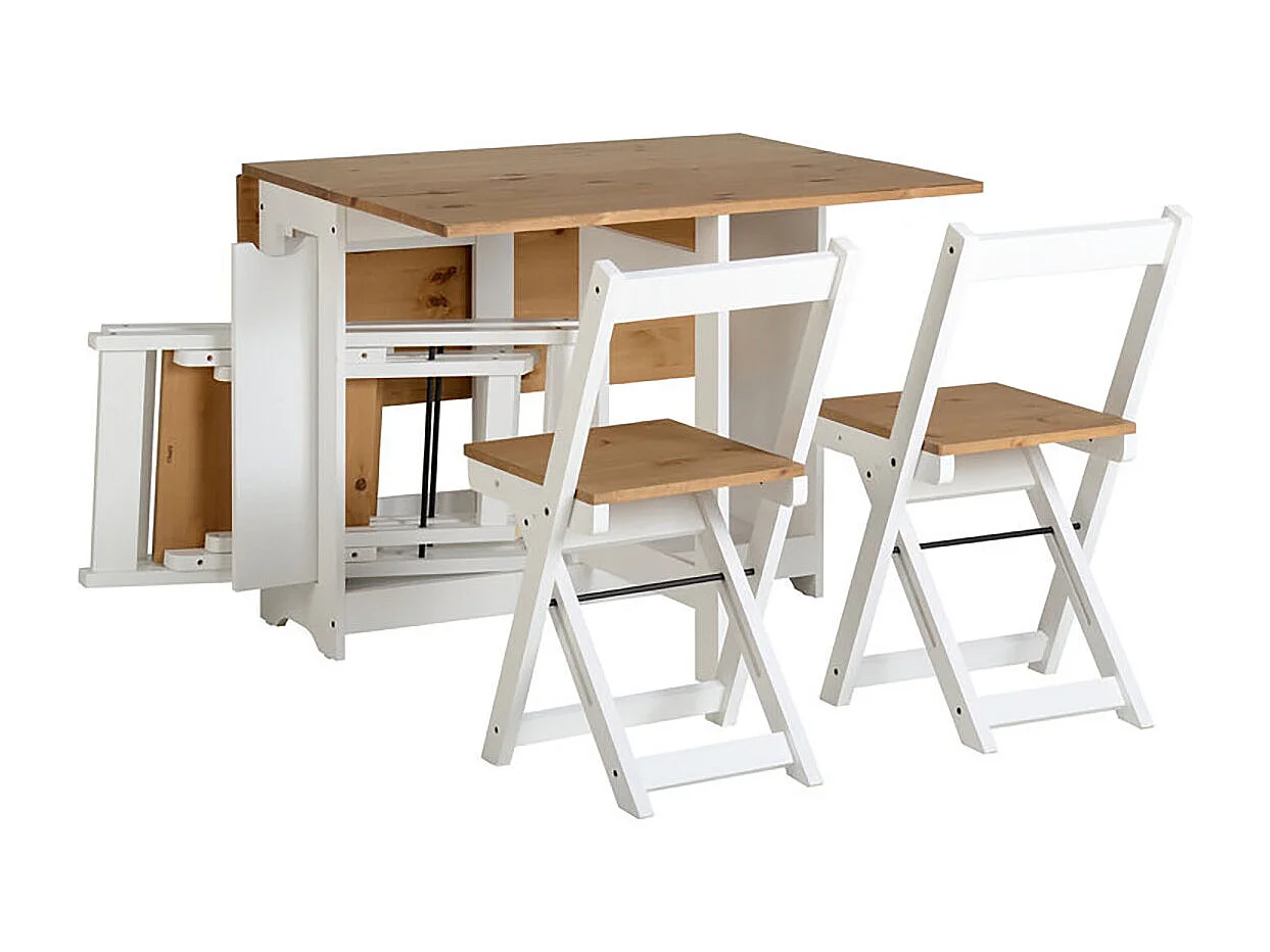 Ensemble table pliante avec rallonges coloris chêne et pieds en blancs + 4 chaises pliantes - Longueur 95 x Profondeur 34/115 x Hauteur 76 cm