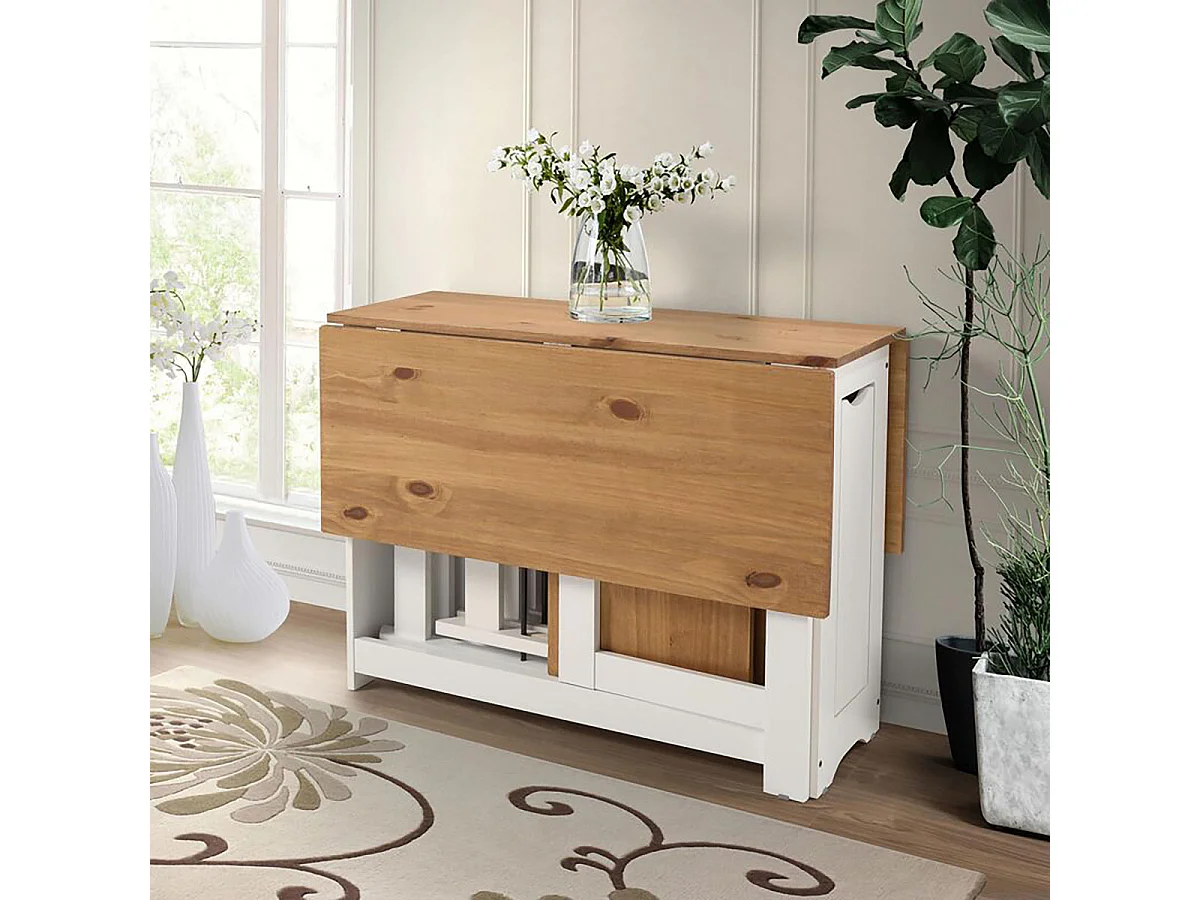 Ensemble table pliante avec rallonges coloris chêne et pieds en blancs + 4 chaises pliantes - Longueur 95 x Profondeur 34/115 x Hauteur 76 cm