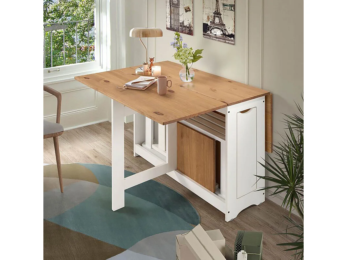 Ensemble table pliante avec rallonges coloris chêne et pieds en blancs + 4 chaises pliantes - Longueur 95 x Profondeur 34/115 x Hauteur 76 cm