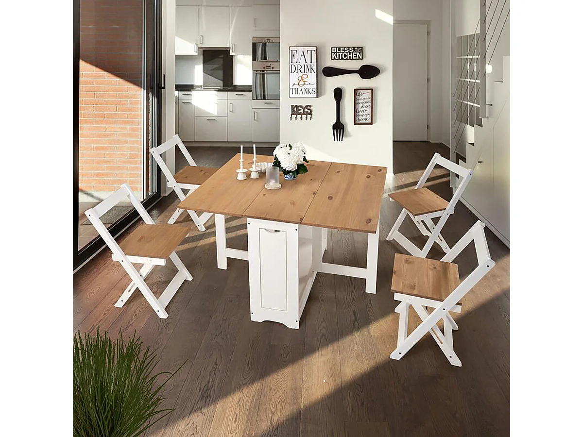 Ensemble table pliante avec rallonges coloris chêne et pieds en blancs + 4 chaises pliantes - Longueur 95 x Profondeur 34/115 x Hauteur 76 cm