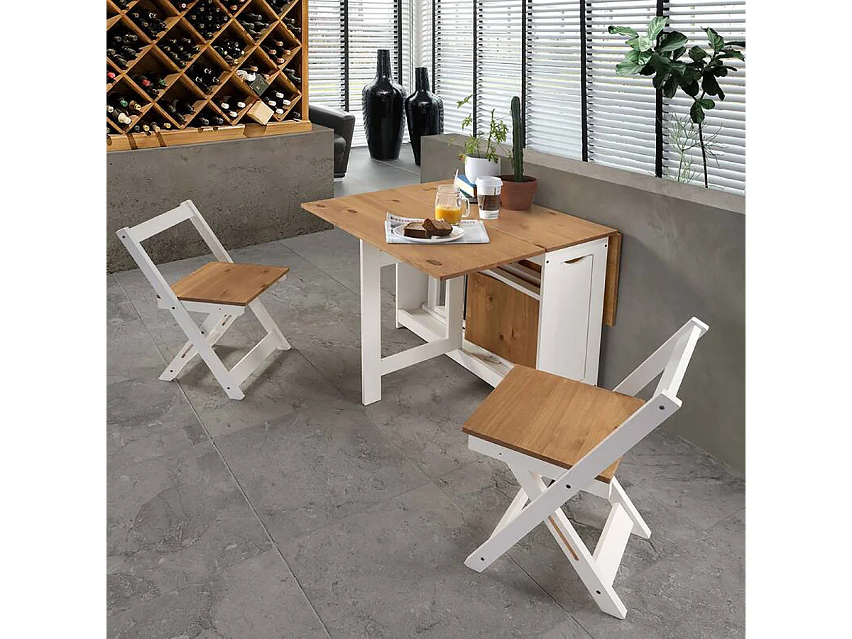Ensemble table pliante avec rallonges coloris chêne et pieds en blancs + 4 chaises pliantes - Longueur 95 x Profondeur 34/115 x Hauteur 76 cm
