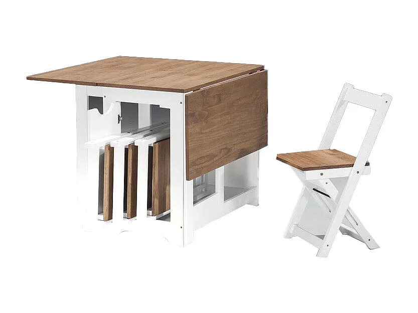 Ensemble table pliante avec rallonges coloris chêne et pieds en blancs + 4 chaises pliantes - Longueur 95 x Profondeur 34/115 x Hauteur 76 cm