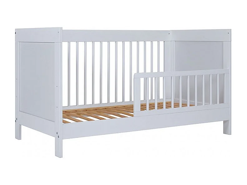 Lit pour enfant à Barreaux en bois avec Sommier à Lattes Réglable, coloris blanc - Longueur 143 x Profondeur 74,6 x Hauteur 80 cm