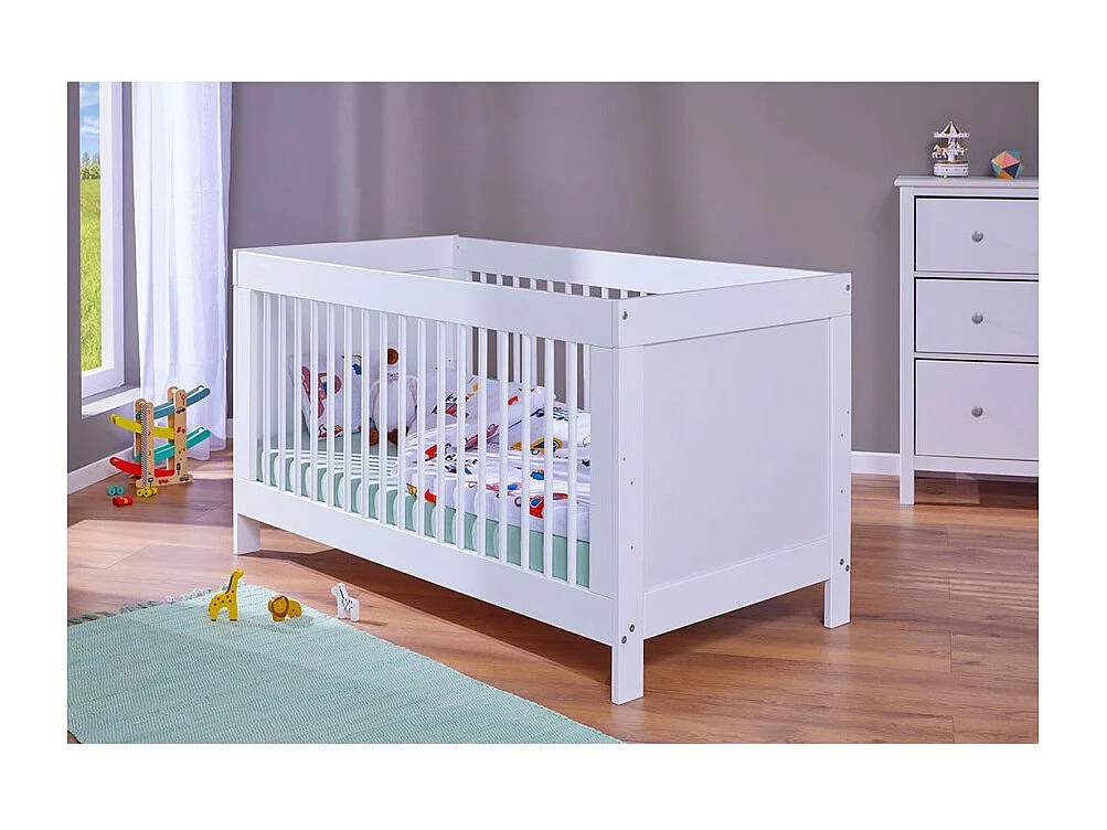 Lit pour enfant à Barreaux en bois avec Sommier à Lattes Réglable, coloris blanc - Longueur 143 x Profondeur 74,6 x Hauteur 80 cm