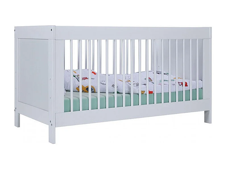 Lit pour enfant à Barreaux en bois avec Sommier à Lattes Réglable, coloris blanc - Longueur 143 x Profondeur 74,6 x Hauteur 80 cm