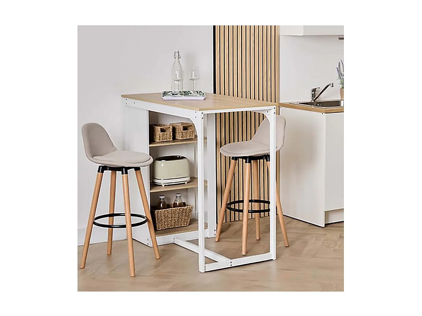 Table de comptoir de cuisine avec 3 étagères de rangement, coloris chêne/blanc - Longueur 105 x Profondeur 60 x Hauteur 110 cm