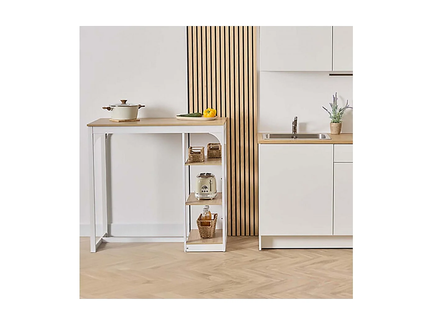 Table de comptoir de cuisine avec 3 étagères de rangement, coloris chêne/blanc - Longueur 105 x Profondeur 60 x Hauteur 110 cm