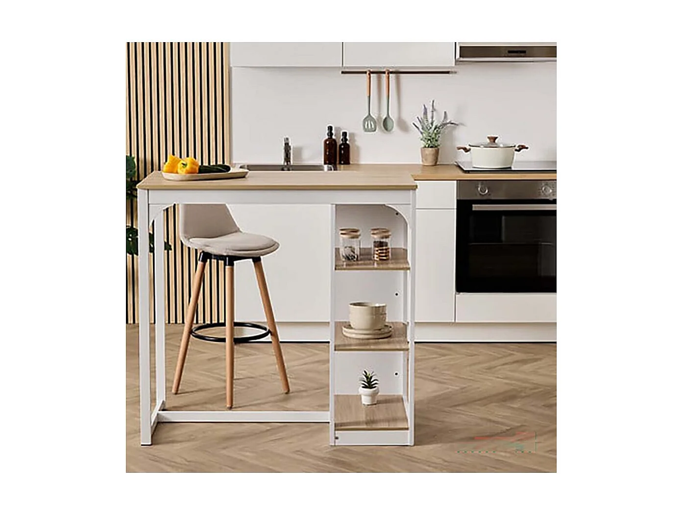 Table de comptoir de cuisine avec 3 étagères de rangement, coloris chêne/blanc - Longueur 105 x Profondeur 60 x Hauteur 110 cm