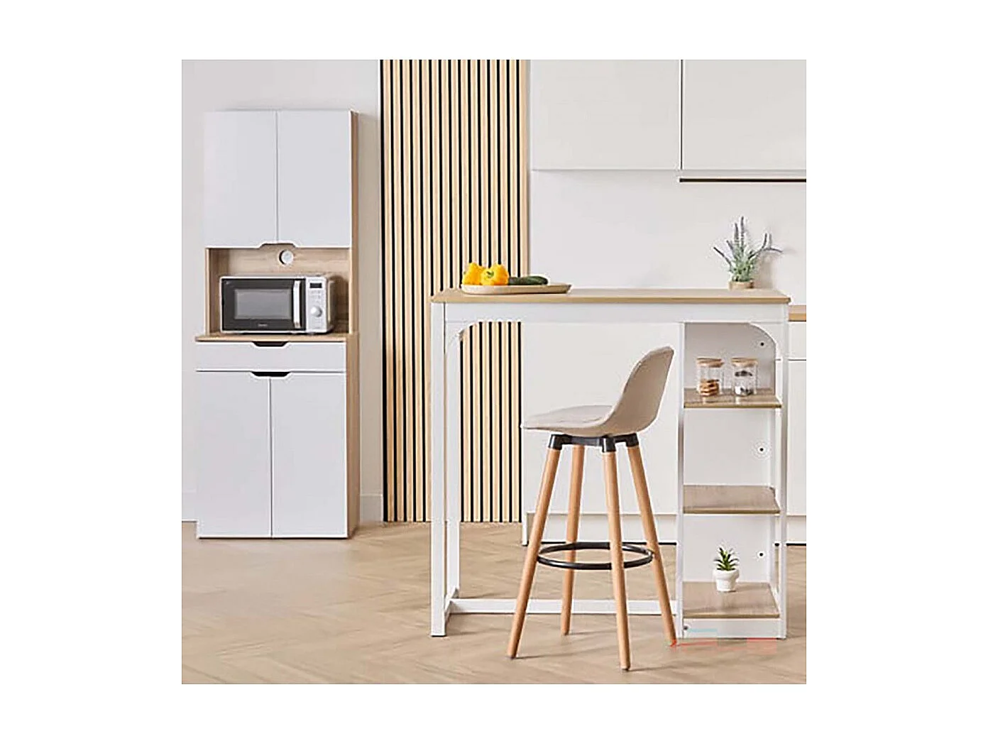 Table de comptoir de cuisine avec 3 étagères de rangement, coloris chêne/blanc - Longueur 105 x Profondeur 60 x Hauteur 110 cm