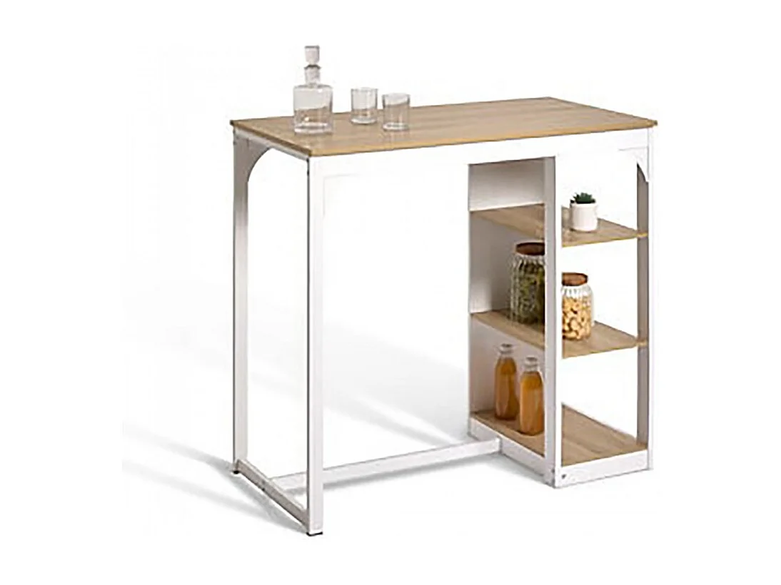 Table de comptoir de cuisine avec 3 étagères de rangement, coloris chêne/blanc - Longueur 105 x Profondeur 60 x Hauteur 110 cm