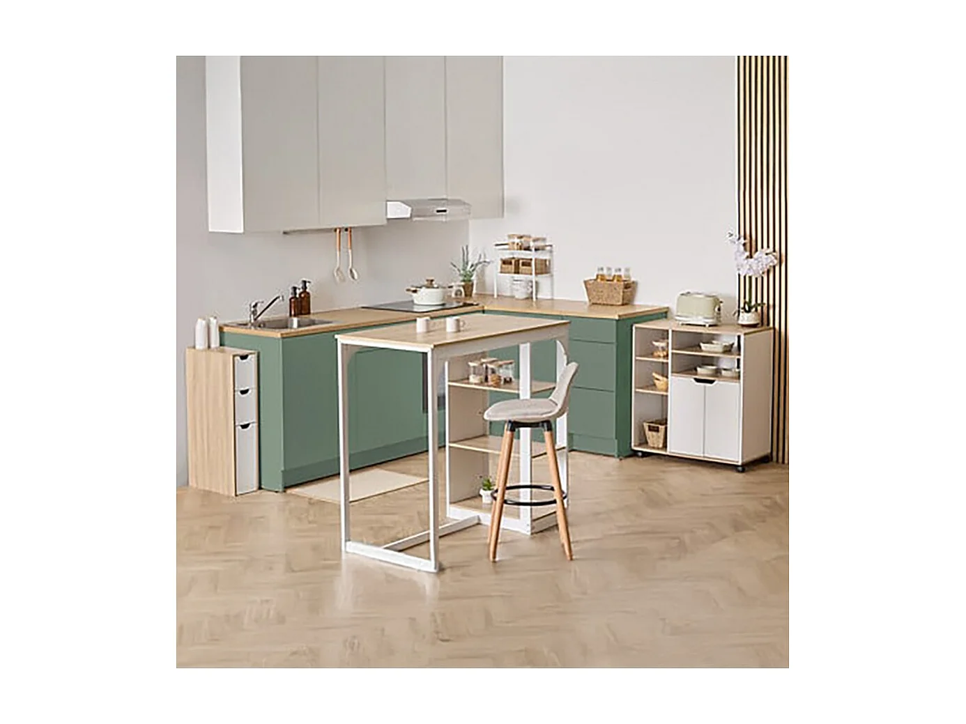 Table de comptoir de cuisine avec 3 étagères de rangement, coloris chêne/blanc - Longueur 105 x Profondeur 60 x Hauteur 110 cm