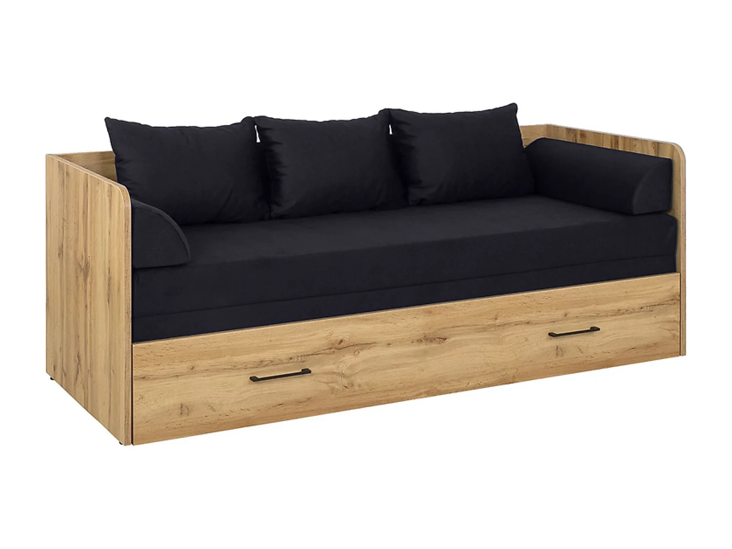 Lit canapé convertible 80-160x200 cm coloris Chêne wotan avec coffre de rangement, matelas et 3 oreillers noir - Longueur 200,5 x Profondeur 79/154 x Hauteur 73 cm