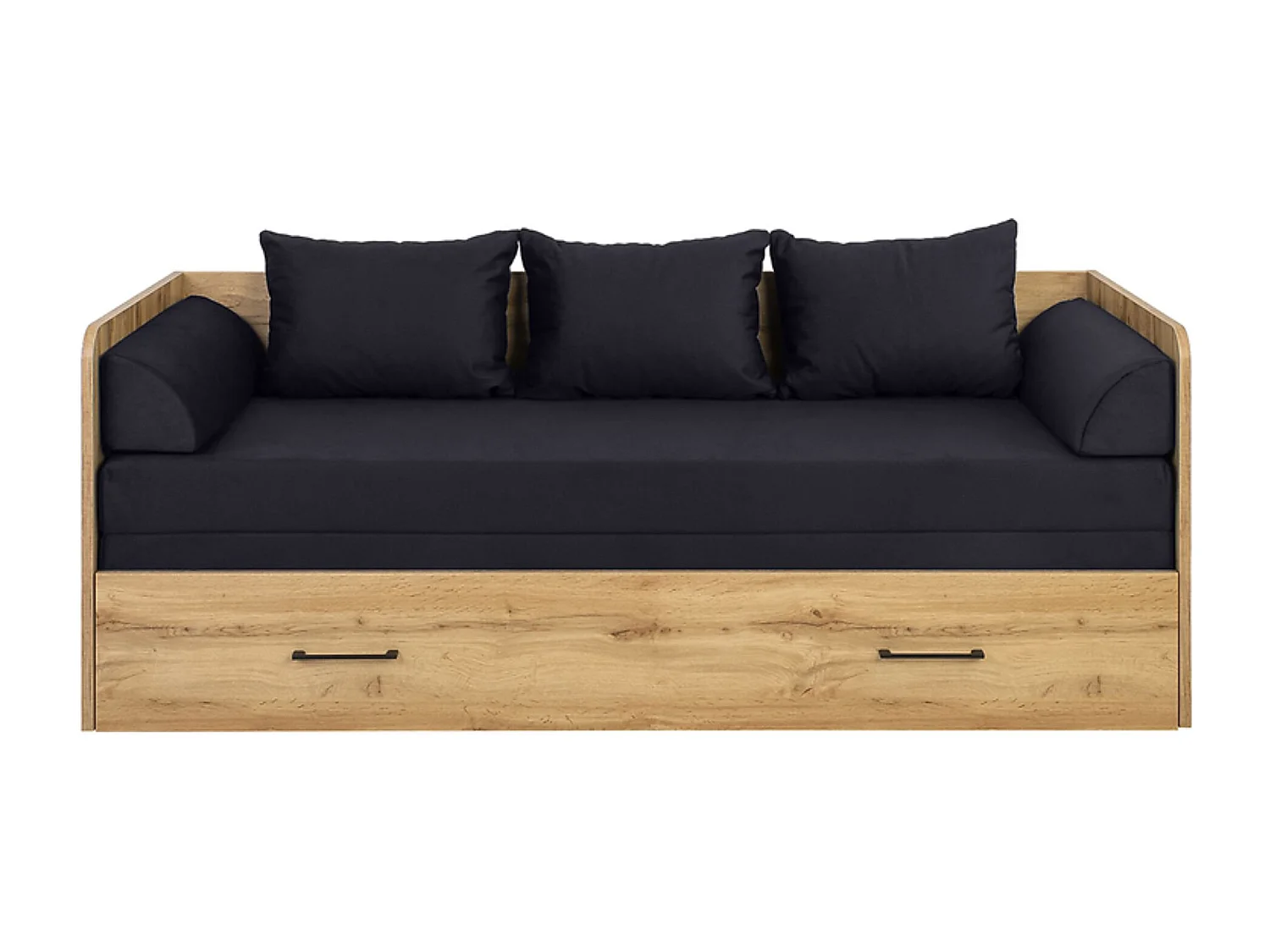 Lit canapé convertible 80-160x200 cm coloris Chêne wotan avec coffre de rangement, matelas et 3 oreillers noir - Longueur 200,5 x Profondeur 79/154 x Hauteur 73 cm