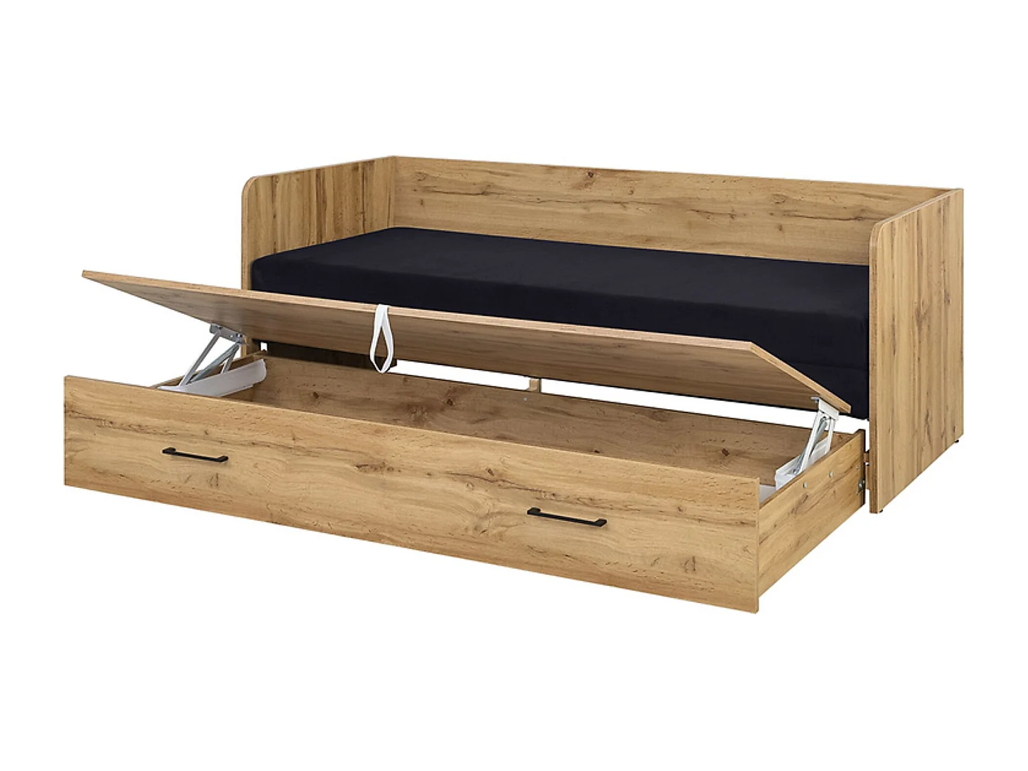 Lit canapé convertible 80-160x200 cm coloris Chêne wotan avec coffre de rangement, matelas et 3 oreillers noir - Longueur 200,5 x Profondeur 79/154 x Hauteur 73 cm