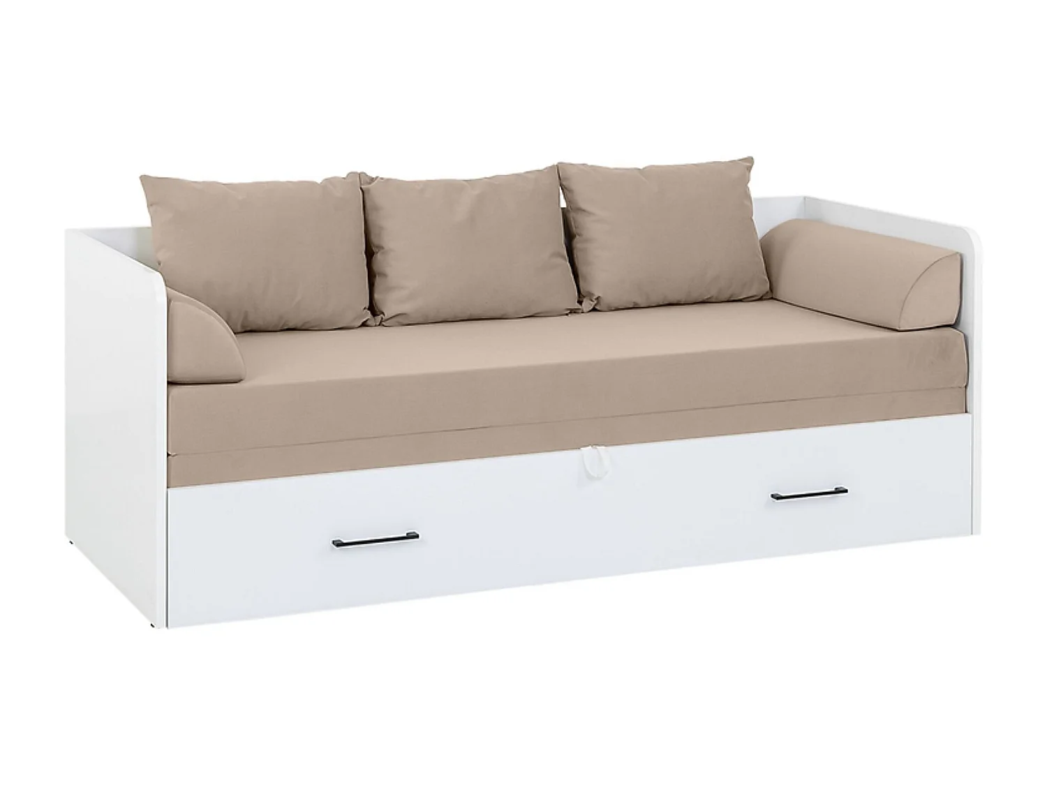Lit, canapé convertible 80-160x200 cm coloris Blanc Brillant avec coffre de rangement, matelas et 3 oreillers beiges