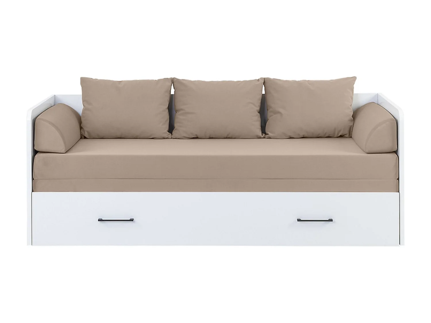 Lit, canapé convertible 80-160x200 cm coloris Blanc Brillant avec coffre de rangement, matelas et 3 oreillers beiges