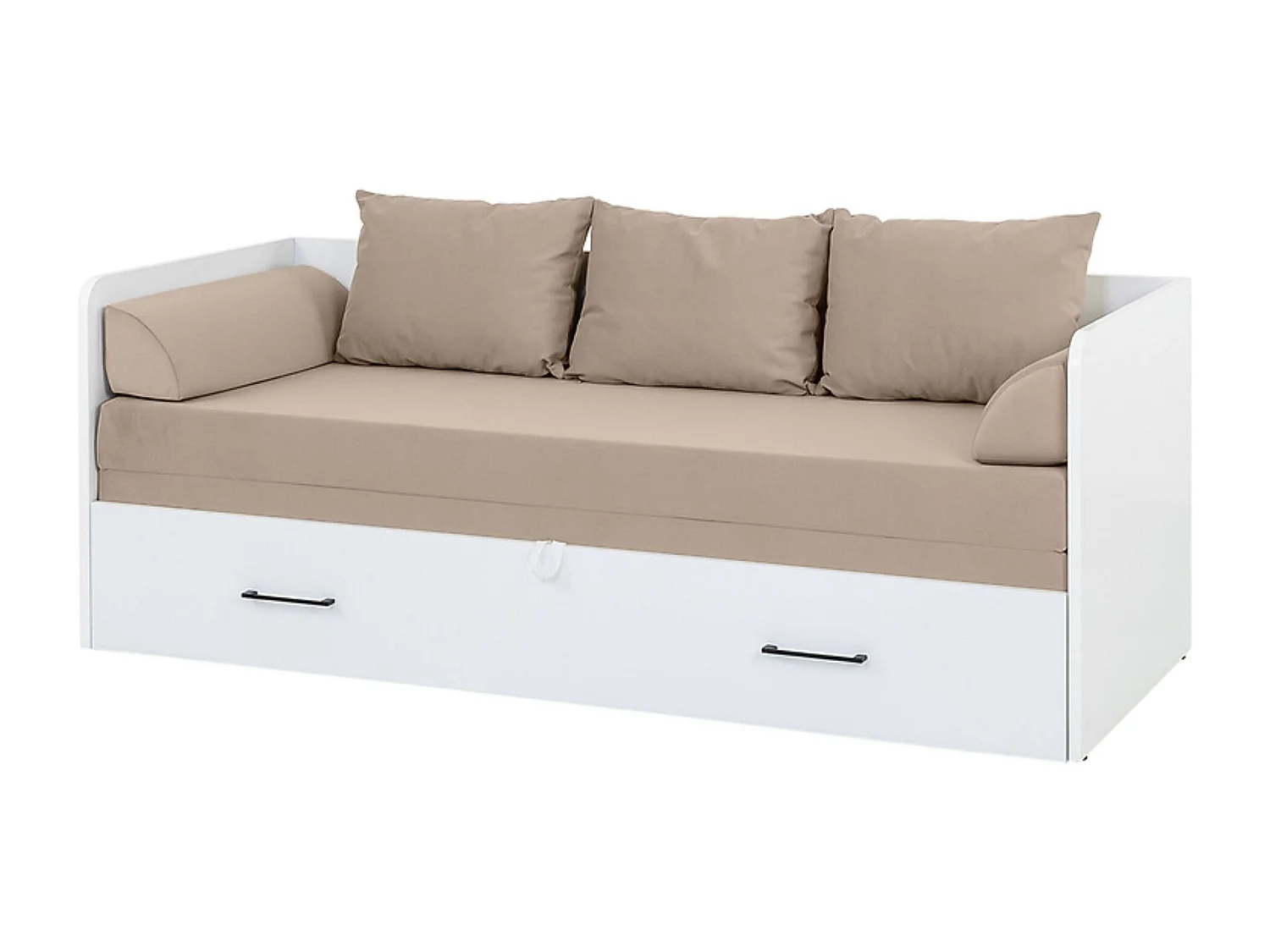 Lit, canapé convertible 80-160x200 cm coloris Blanc Brillant avec coffre de rangement, matelas et 3 oreillers beiges