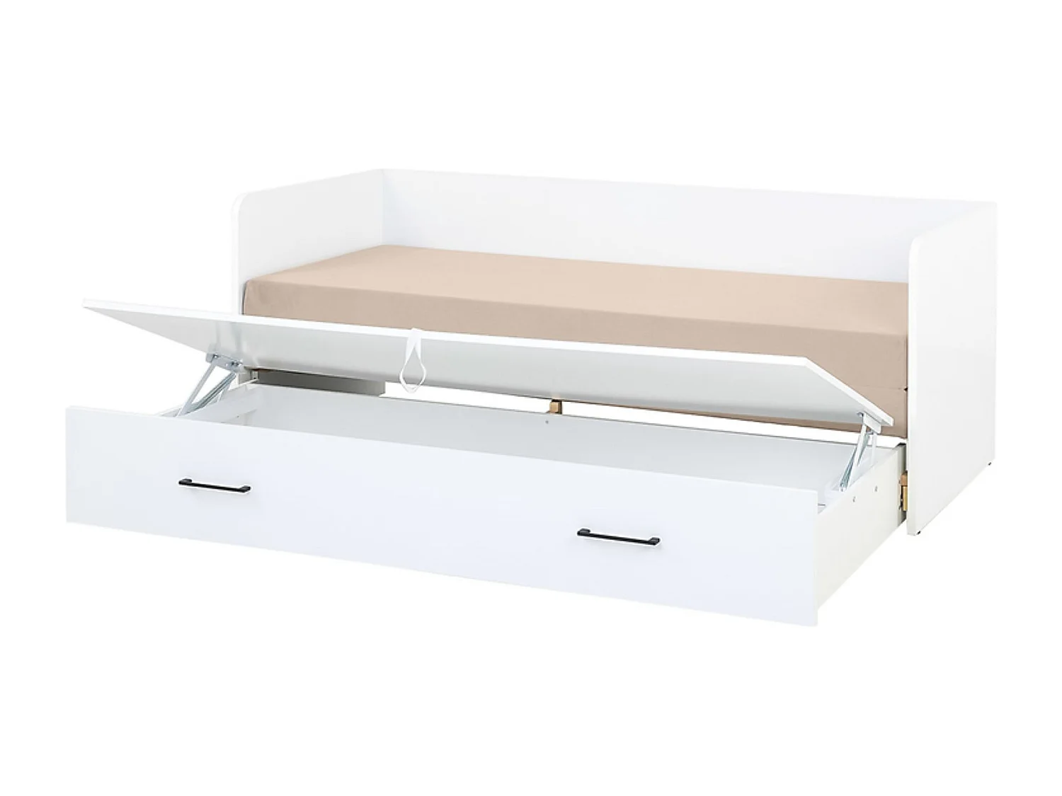 Lit, canapé convertible 80-160x200 cm coloris Blanc Brillant avec coffre de rangement, matelas et 3 oreillers beiges