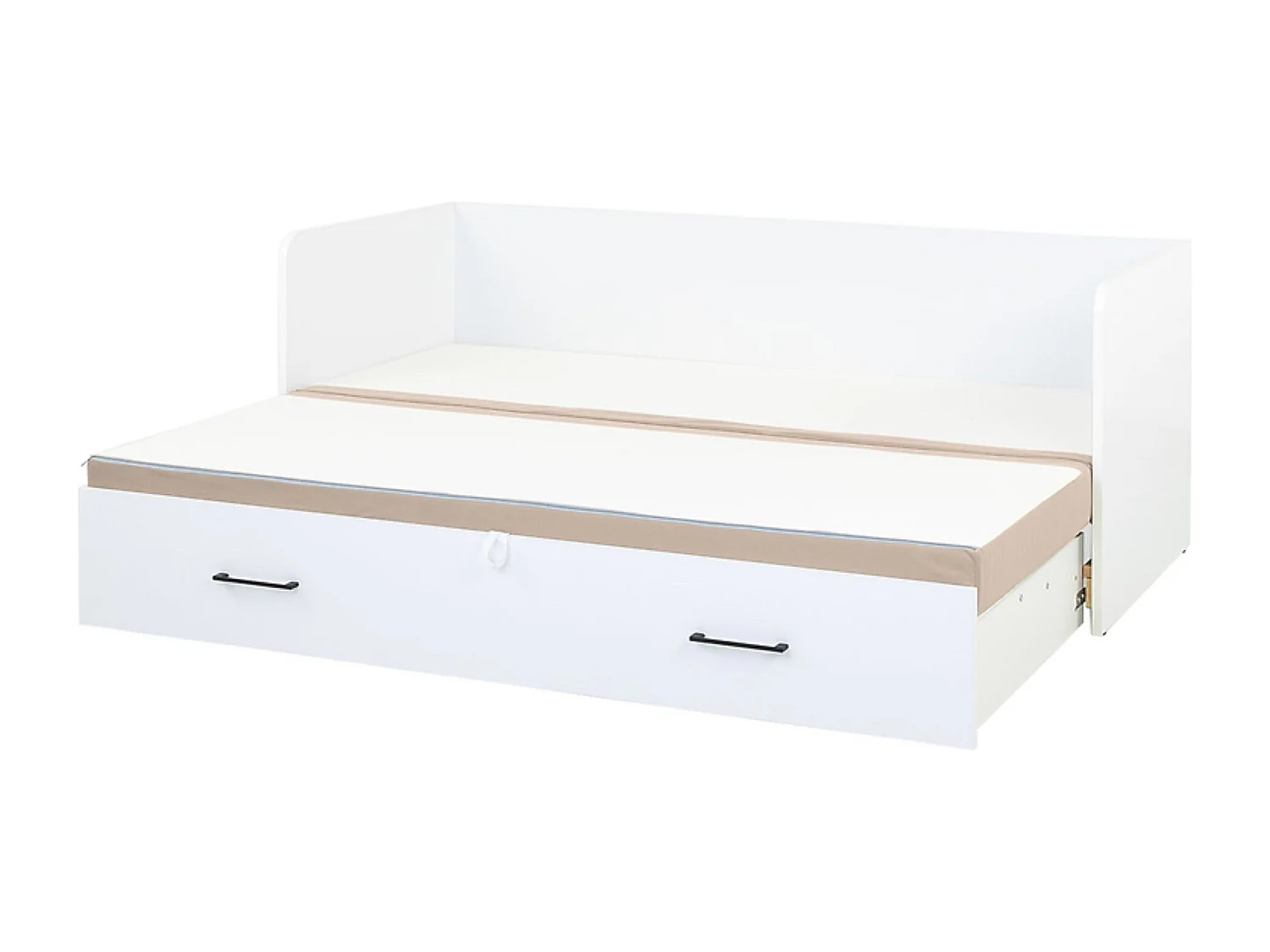 Lit, canapé convertible 80-160x200 cm coloris Blanc Brillant avec coffre de rangement, matelas et 3 oreillers beiges