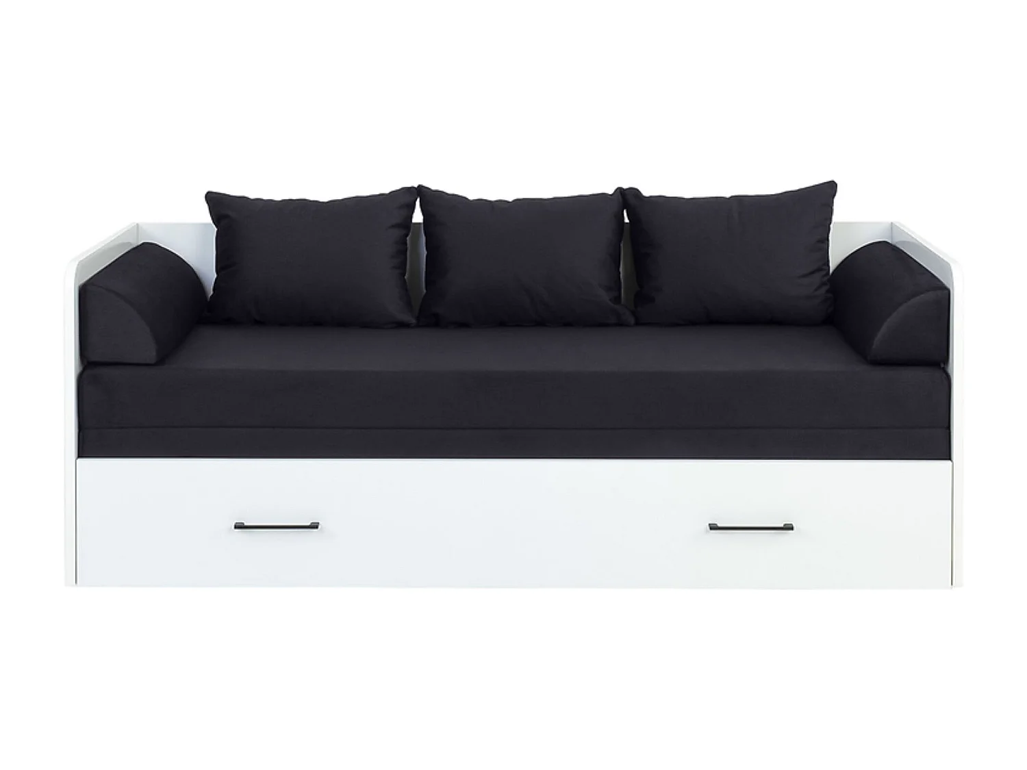 Lit, canapé convertible 80-160x200 cm coloris Blanc Brillant avec coffre de rangement, matelas et 3 oreillers gris anthracite