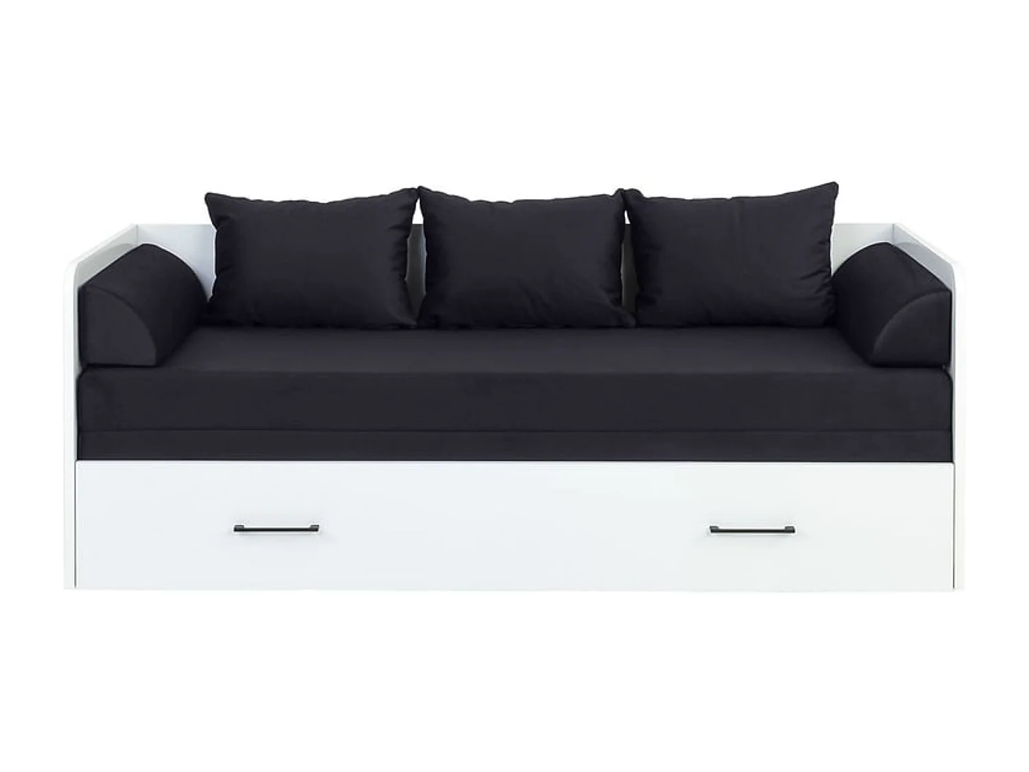 Lit, canapé convertible 80-160x200 cm coloris Blanc Brillant avec coffre de rangement, matelas et 3 oreillers noir