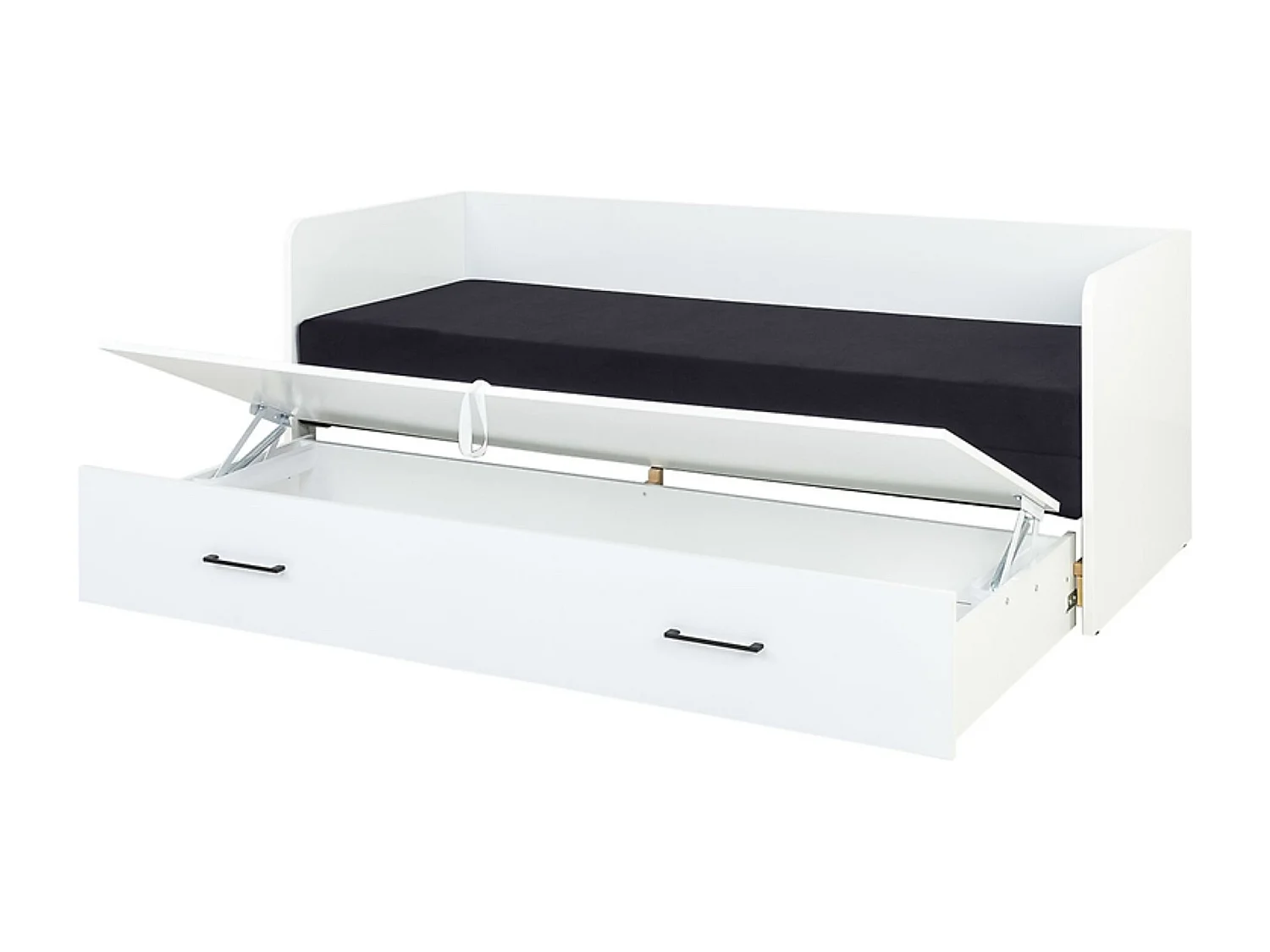 Lit, canapé convertible 80-160x200 cm coloris Blanc Brillant avec coffre de rangement, matelas et 3 oreillers noir