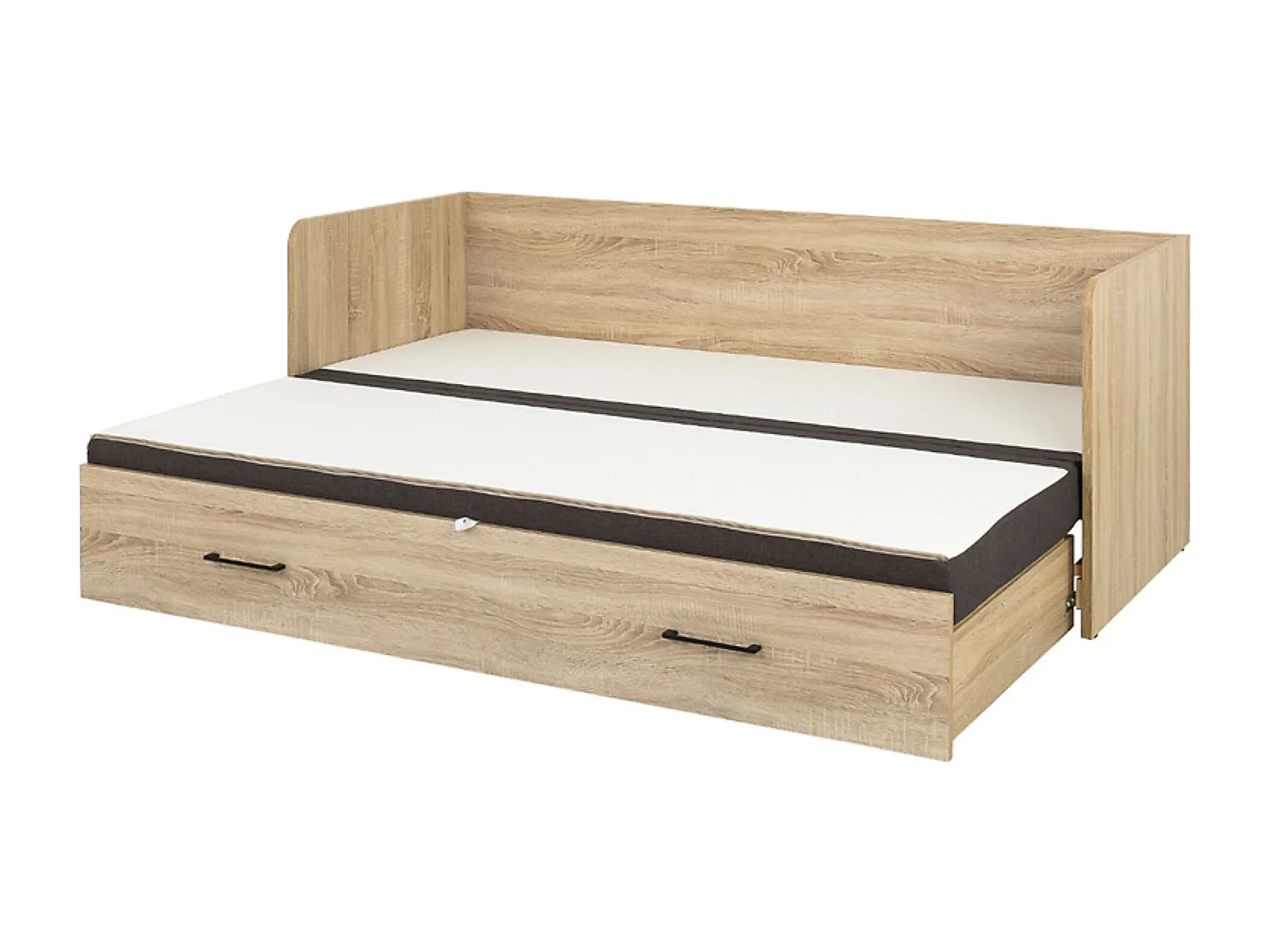 Lit canapé convertible 80-160x200 cm coloris Chêne sonoma avec coffre de rangement, matelas et 3 oreillers noir - Longueur 200,5 x Profondeur 79/154 x Hauteur 73 cm
