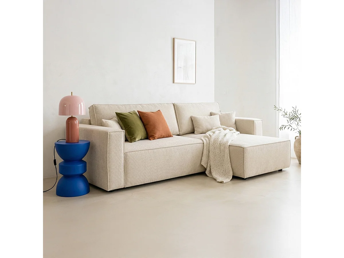 Canapé d'angle convertible réversible 4 places avec coffre de rangement en tissu chenille beige foncé - Livia