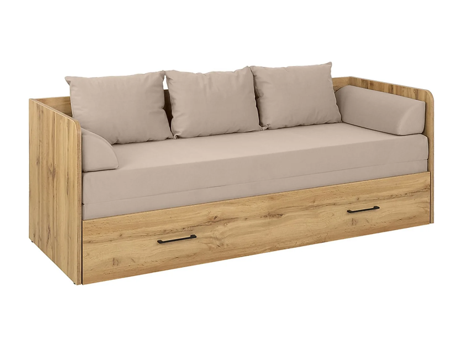 Lit canapé convertible 80-160x200 cm coloris Chêne wotan avec coffre de rangement, matelas et 3 oreillers Beige - Longueur 200,5 x Profondeur 79/154 x Hauteur 73 cm