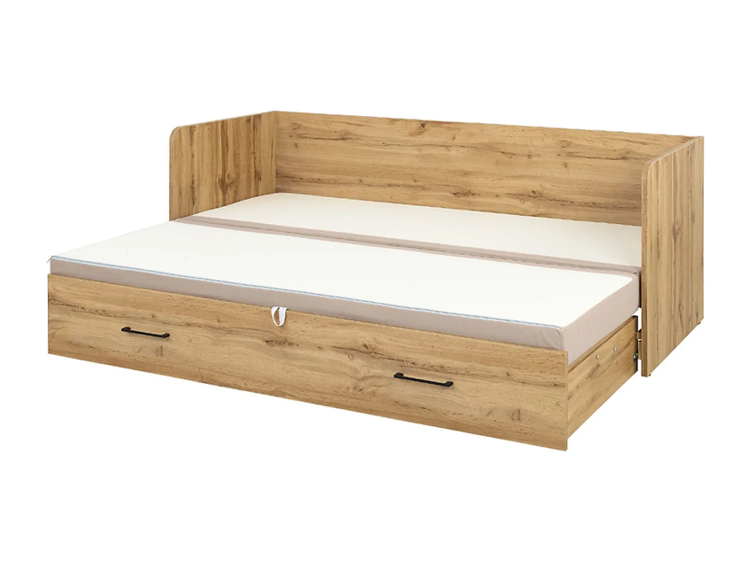Lit canapé convertible 80-160x200 cm coloris Chêne wotan avec coffre de rangement, matelas et 3 oreillers Beige - Longueur 200,5 x Profondeur 79/154 x Hauteur 73 cm