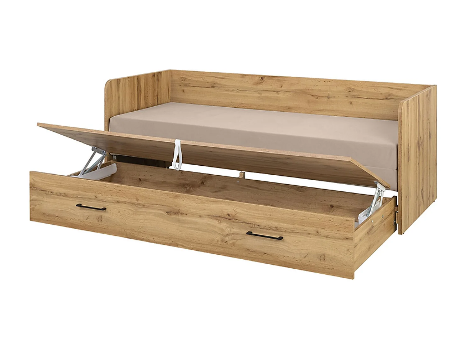 Lit canapé convertible 80-160x200 cm coloris Chêne wotan avec coffre de rangement, matelas et 3 oreillers Beige - Longueur 200,5 x Profondeur 79/154 x Hauteur 73 cm