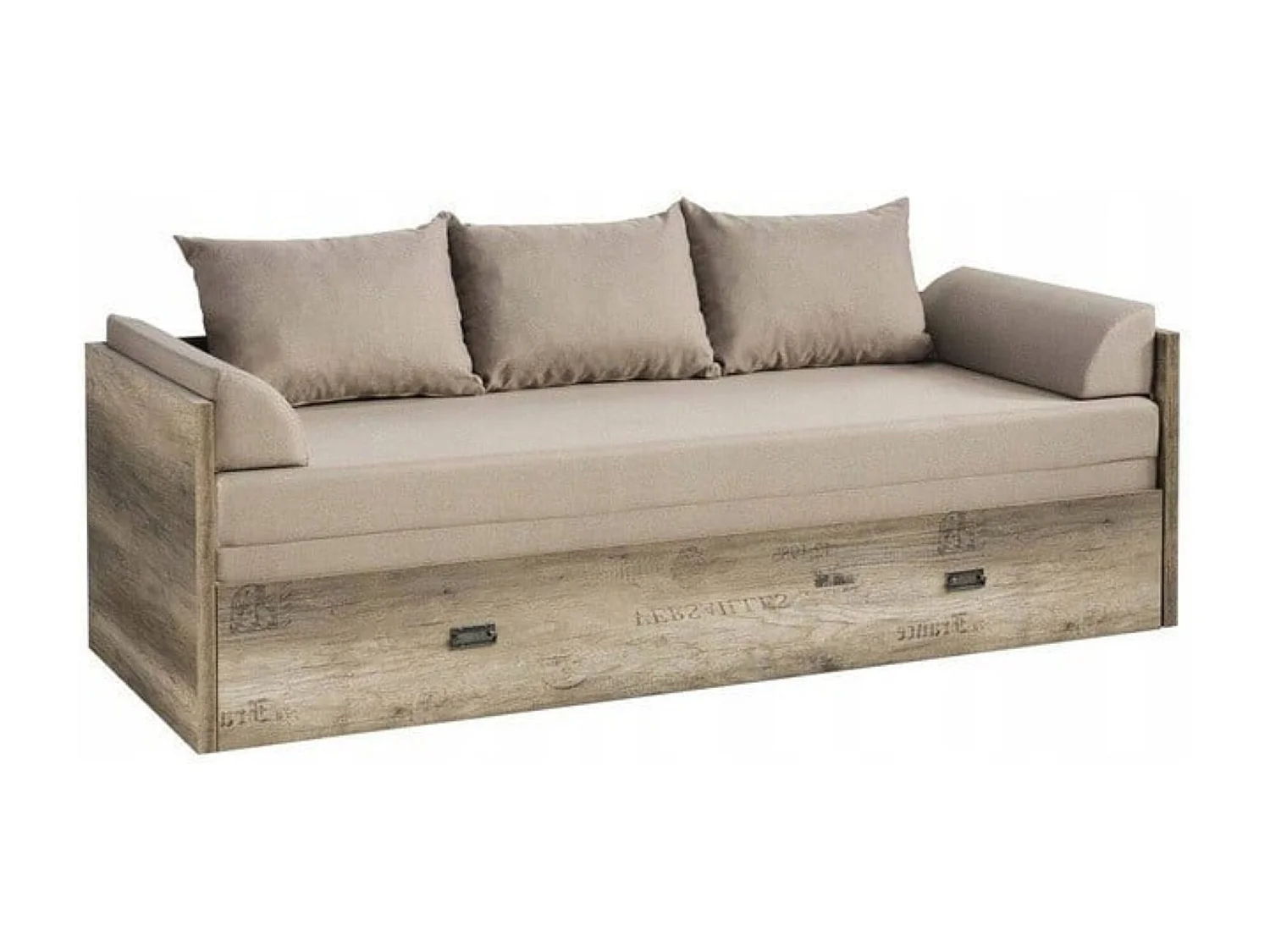 Lit Canapé pliant 80-160x200 coloris Chêne motif écriture avec matelas et 3 oreillers beiges - Longueur 202,5 ​​x Largeur 79-154 x Profondeur 60,5 cm