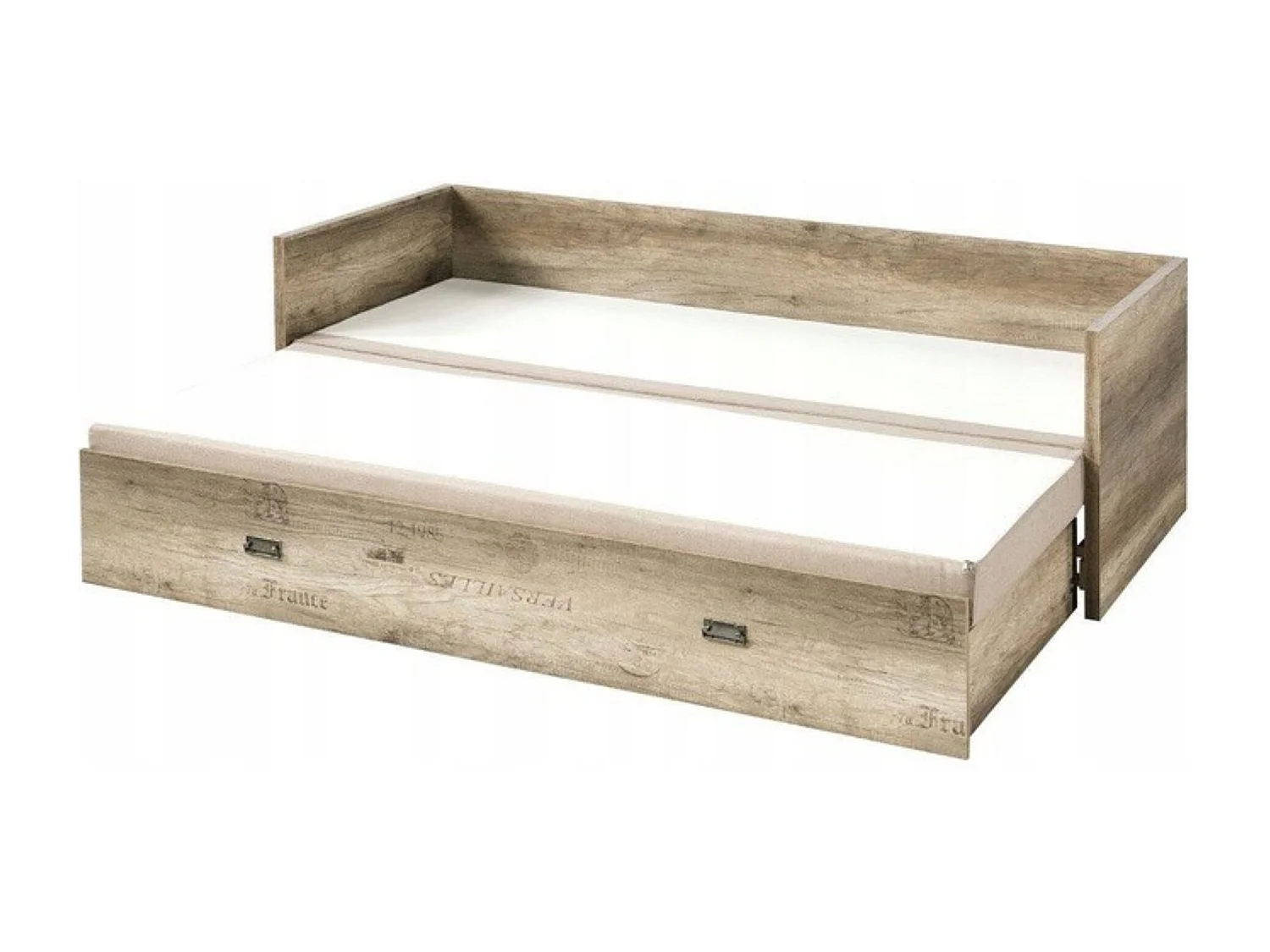 Lit Canapé pliant 80-160x200 coloris Chêne motif écriture avec matelas et 3 oreillers beiges - Longueur 202,5 ​​x Largeur 79-154 x Profondeur 60,5 cm