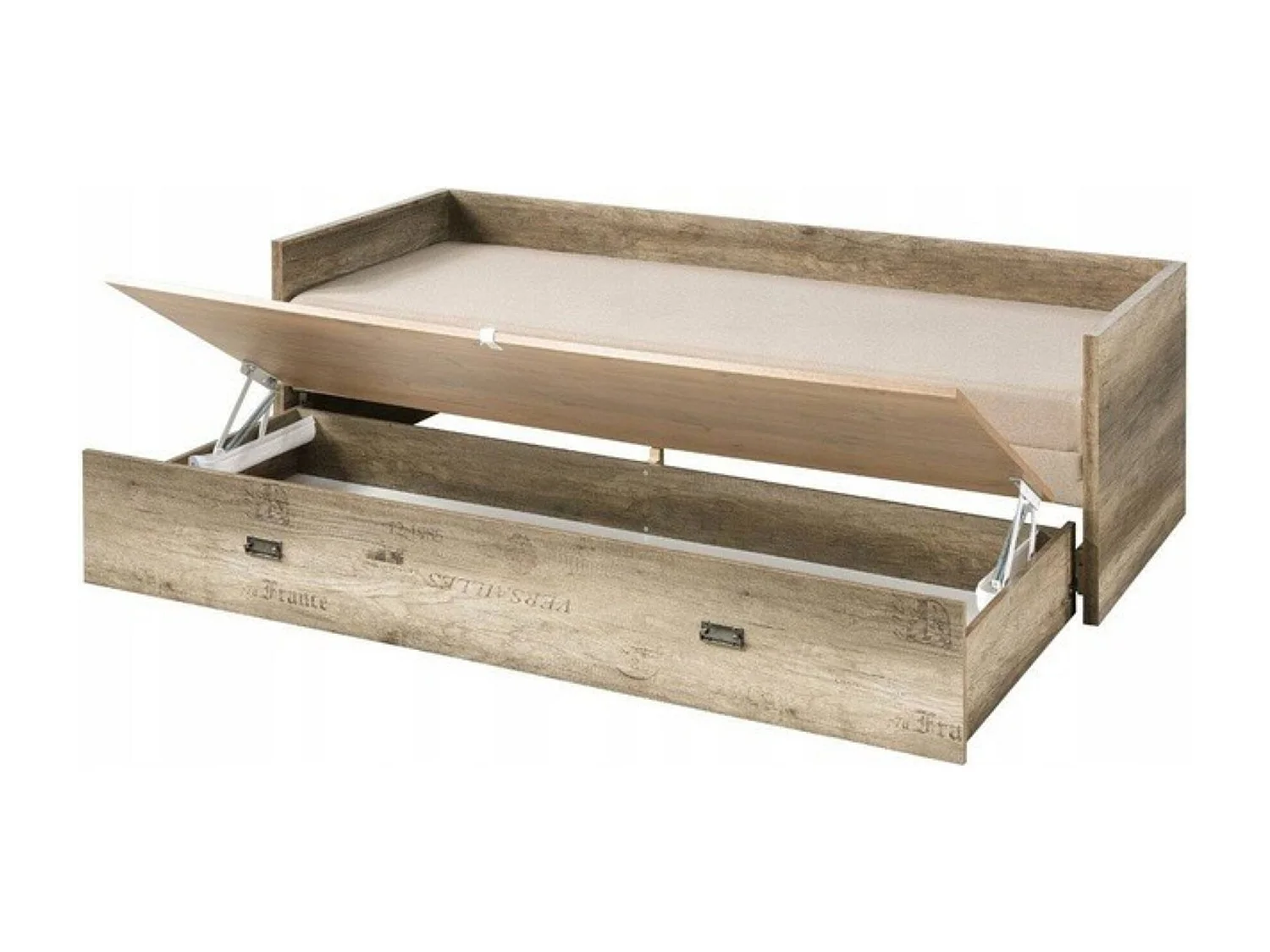 Lit Canapé pliant 80-160x200 coloris Chêne motif écriture avec matelas et 3 oreillers beiges - Longueur 202,5 ​​x Largeur 79-154 x Profondeur 60,5 cm