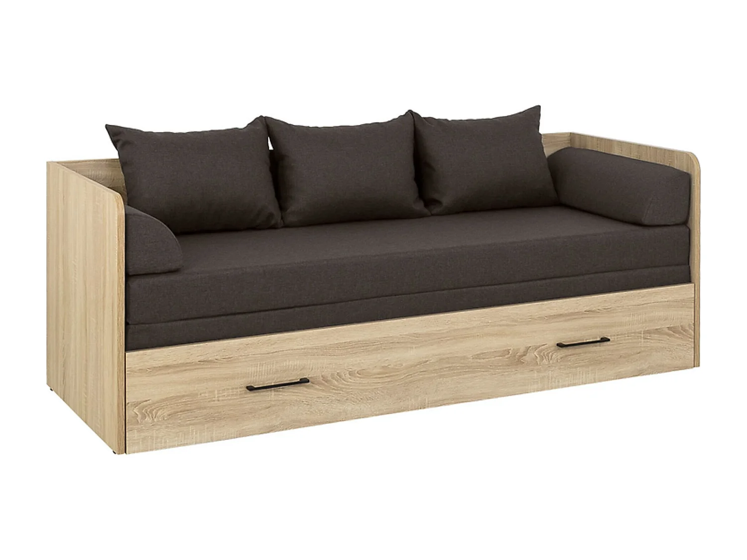 Lit canapé convertible 80-160x200 cm coloris Chêne sonoma avec coffre de rangement, matelas et 3 oreillers gris anthracite