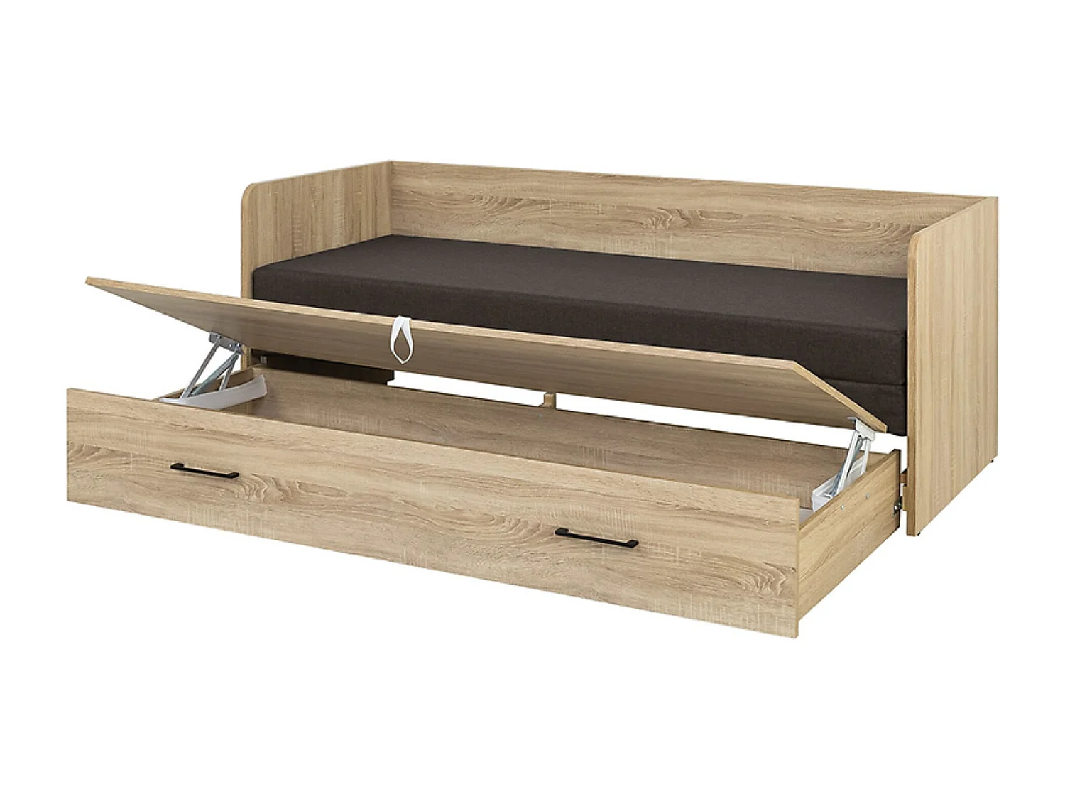 Lit canapé convertible 80-160x200 cm coloris Chêne sonoma avec coffre de rangement, matelas et 3 oreillers gris anthracite