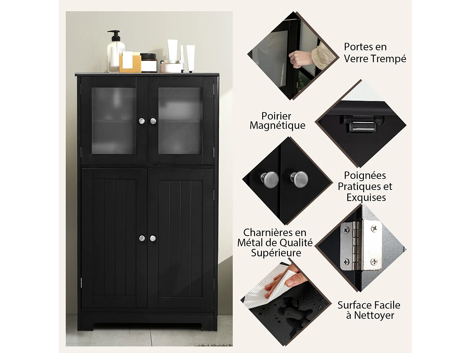 Meuble de Salle de Bain à 4 Portes, 3 Étagères Réglables, 60 x 30 x 108 cm, Noir