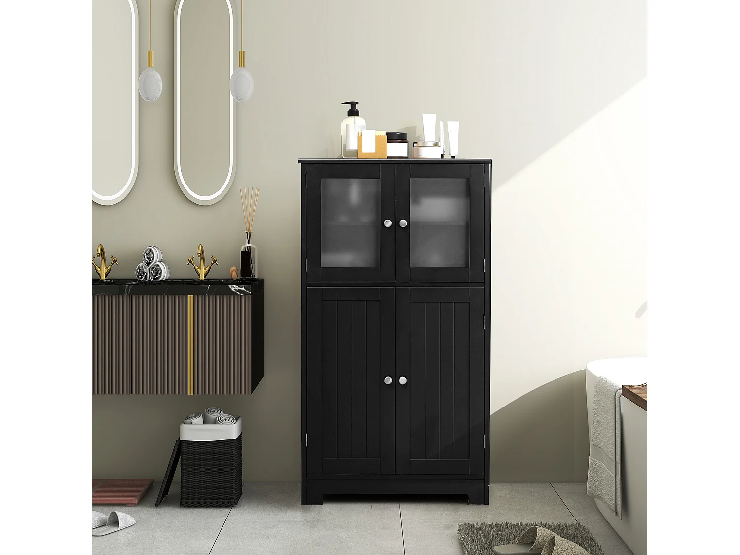 Meuble de Salle de Bain à 4 Portes, 3 Étagères Réglables, 60 x 30 x 108 cm, Noir