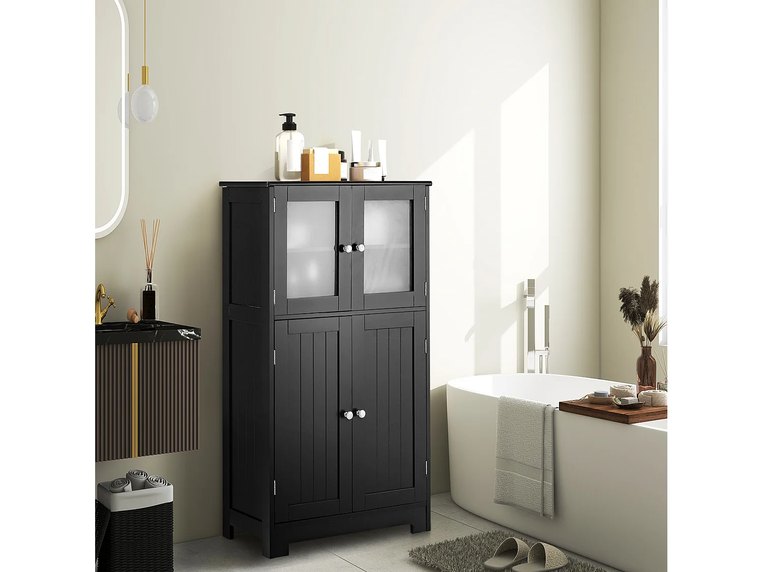 Meuble de Salle de Bain à 4 Portes, 3 Étagères Réglables, 60 x 30 x 108 cm, Noir