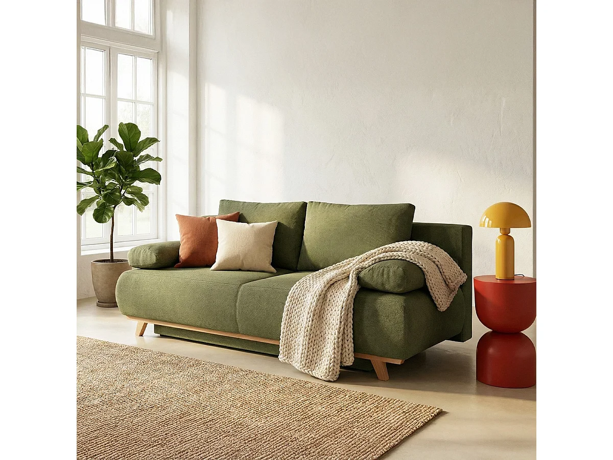 Canapé convertible 3 places avec coffre de rangement en tissu chenille vert olive - Laria