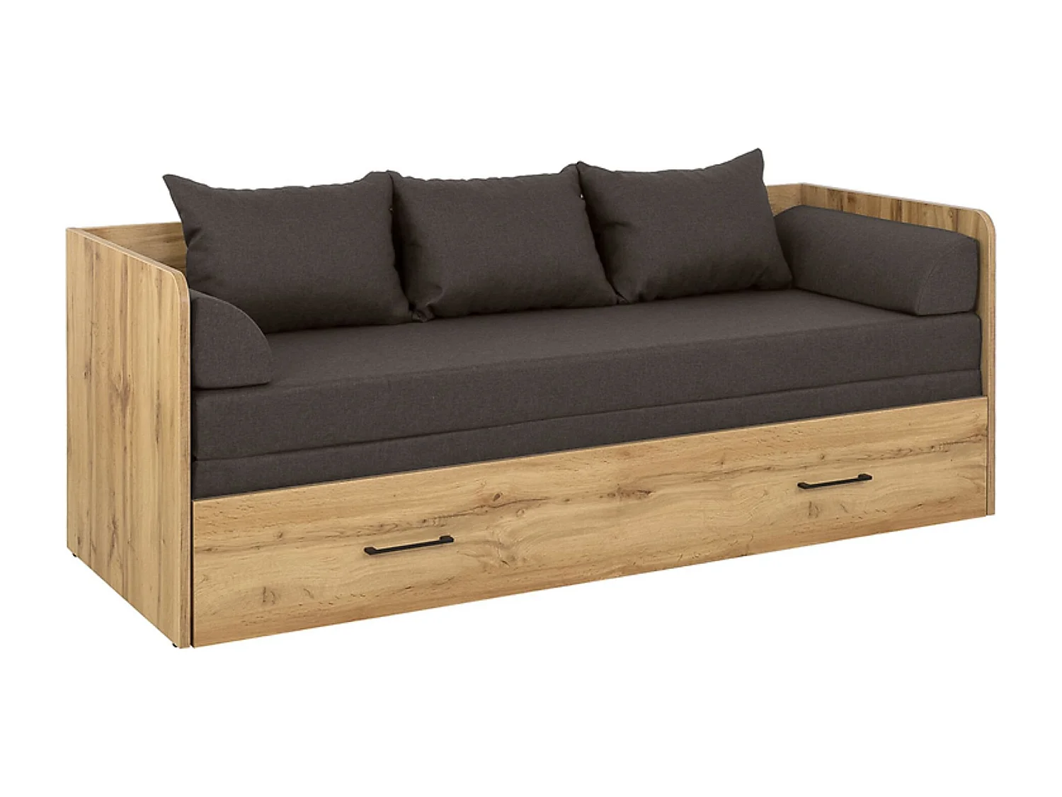 Lit canapé convertible 80-160x200 cm coloris Chêne wotan avec coffre de rangement, matelas et 3 oreillers gris anthracite