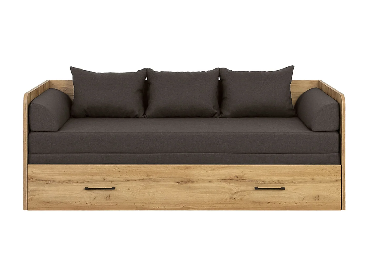 Lit canapé convertible 80-160x200 cm coloris Chêne wotan avec coffre de rangement, matelas et 3 oreillers gris anthracite
