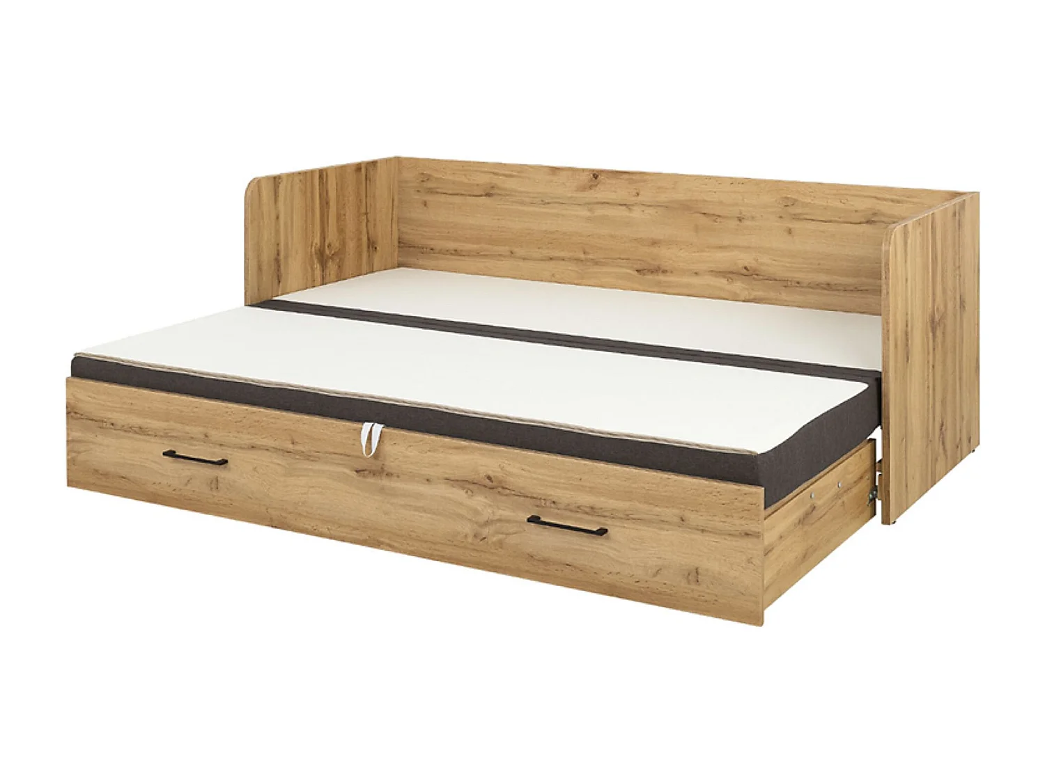 Lit canapé convertible 80-160x200 cm coloris Chêne wotan avec coffre de rangement, matelas et 3 oreillers gris anthracite