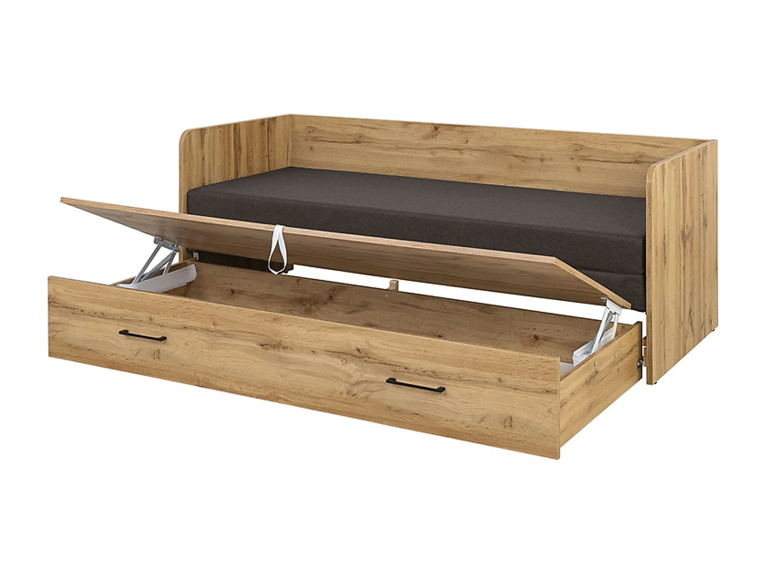 Lit canapé convertible 80-160x200 cm coloris Chêne wotan avec coffre de rangement, matelas et 3 oreillers gris anthracite