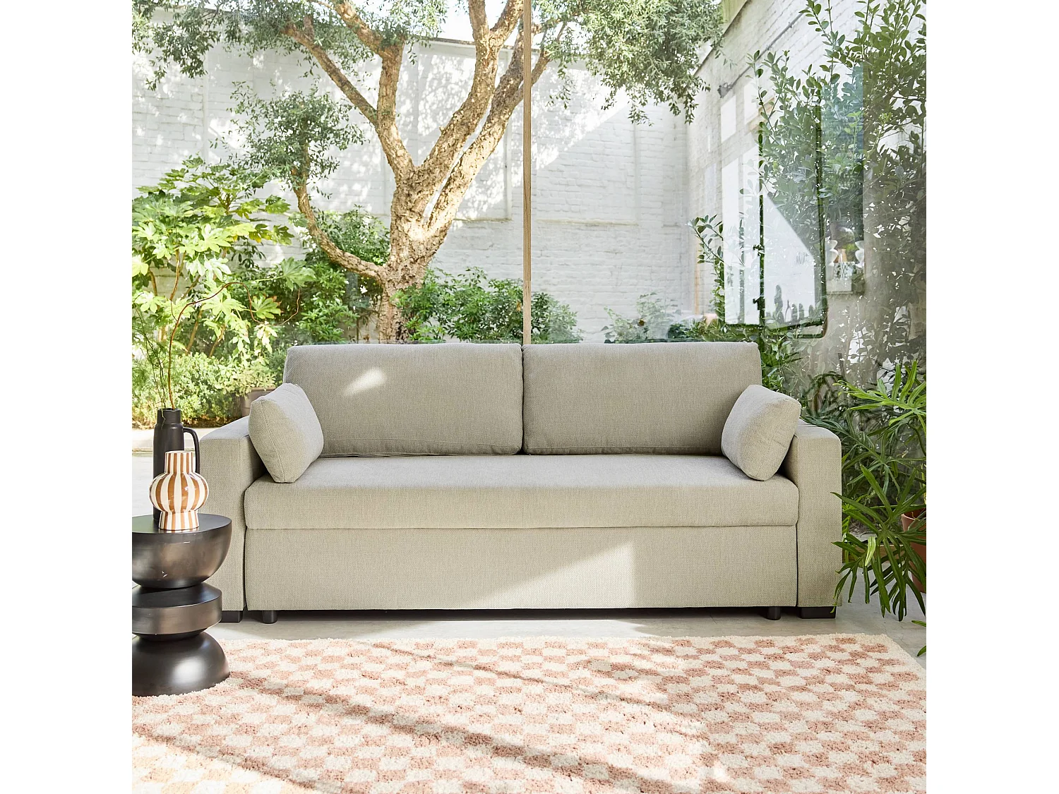 Canapé convertible 3 places tissu chenille beige L 211 x P 90 x H 86 cm - Easy