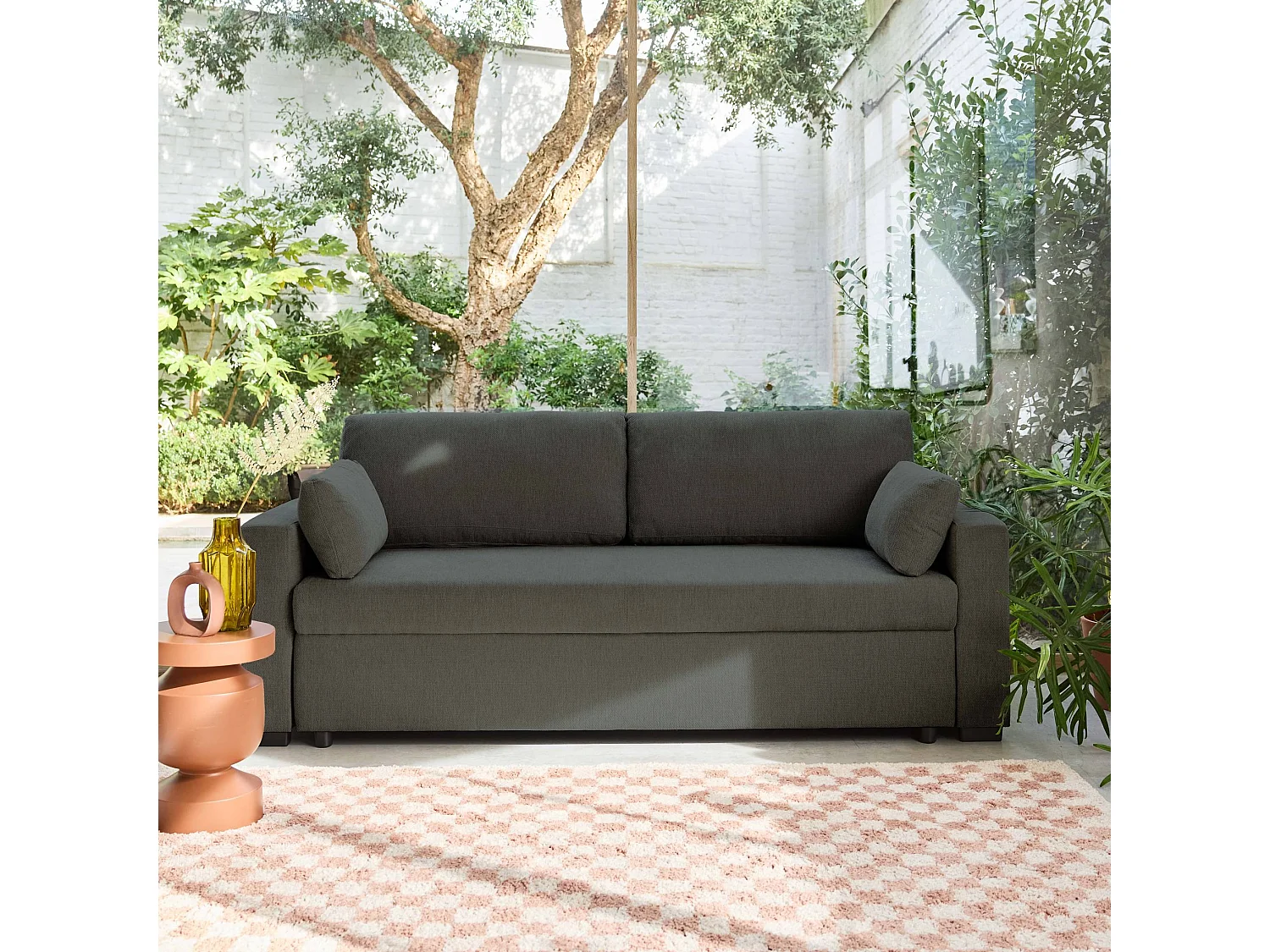 Divano letto in tessuto ciniglia, 3 posti, grigio scuro