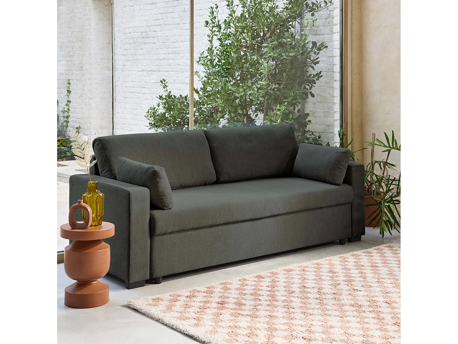 Divano letto in tessuto ciniglia, 3 posti, grigio scuro