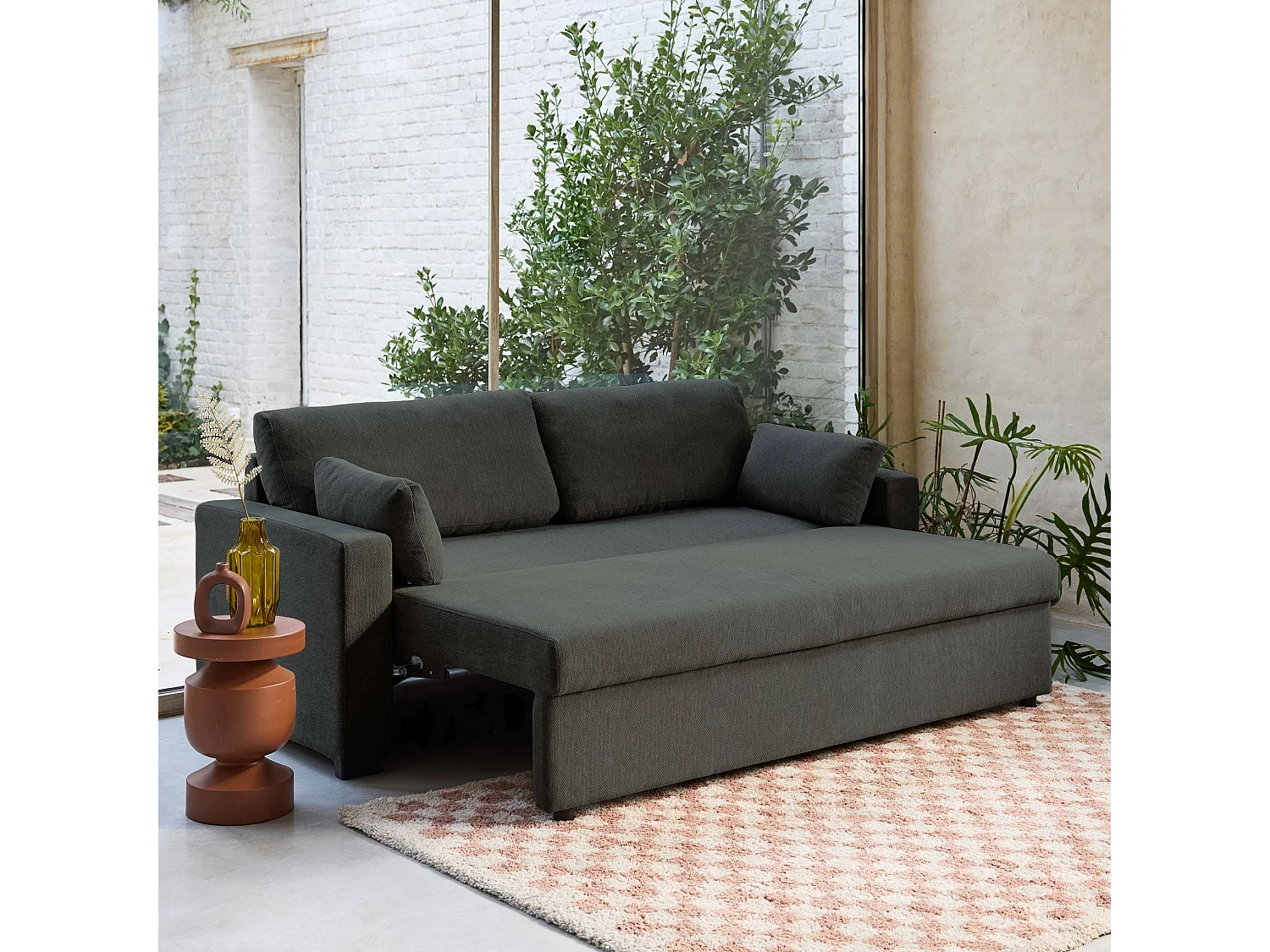 Divano letto in tessuto ciniglia, 3 posti, grigio scuro