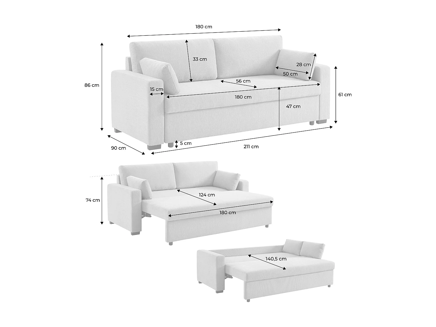 Divano letto in tessuto ciniglia, 3 posti, grigio scuro